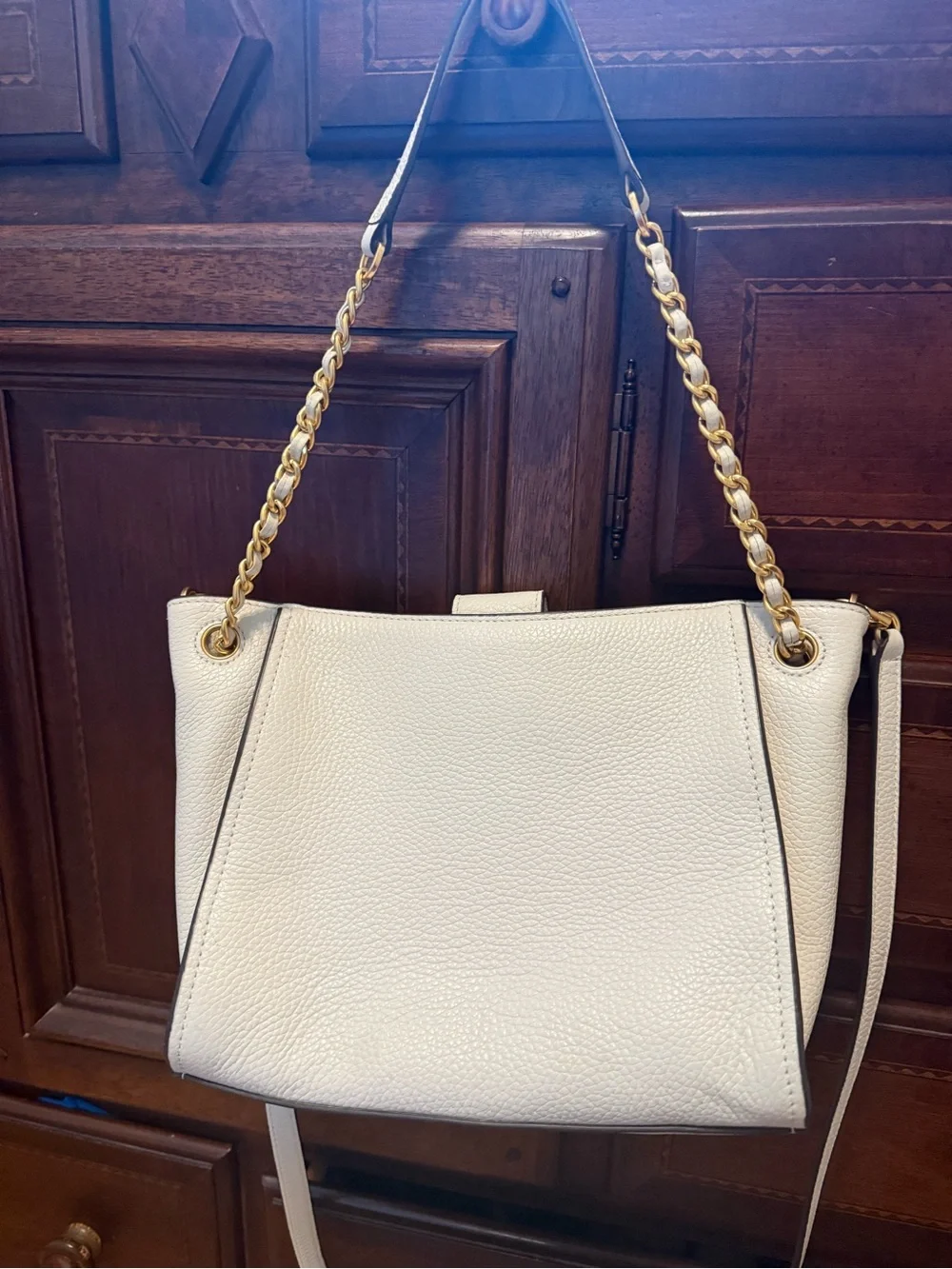 Tory Burch White Leather Convertible Shoulder Bag with Gold Chain
